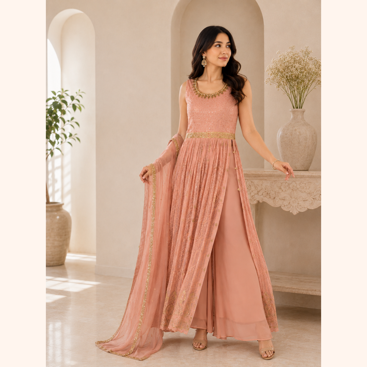 Effortless Elegance Side-Cut Anarkali Set – Peach | LSK499
