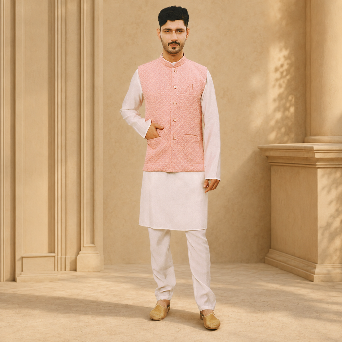 Peach Textured Men’s Waistcoat Set – DMJ1311