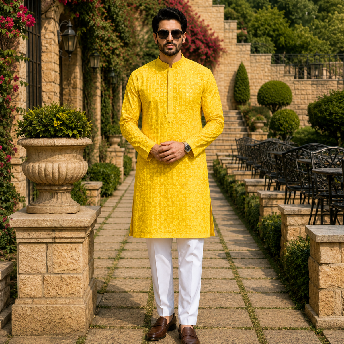 Yellow Chikan Sequin Embroidered Kurta Set – DMJ144
