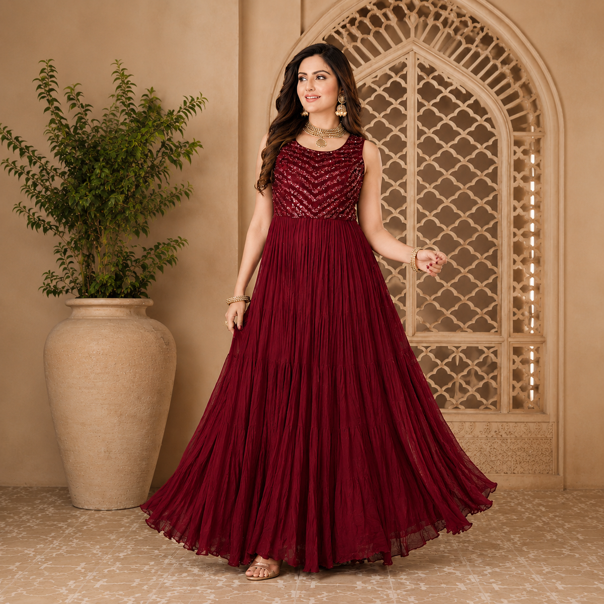 Modern Elegance Side-Cut Anarkali Set – Wine Red | LSK559