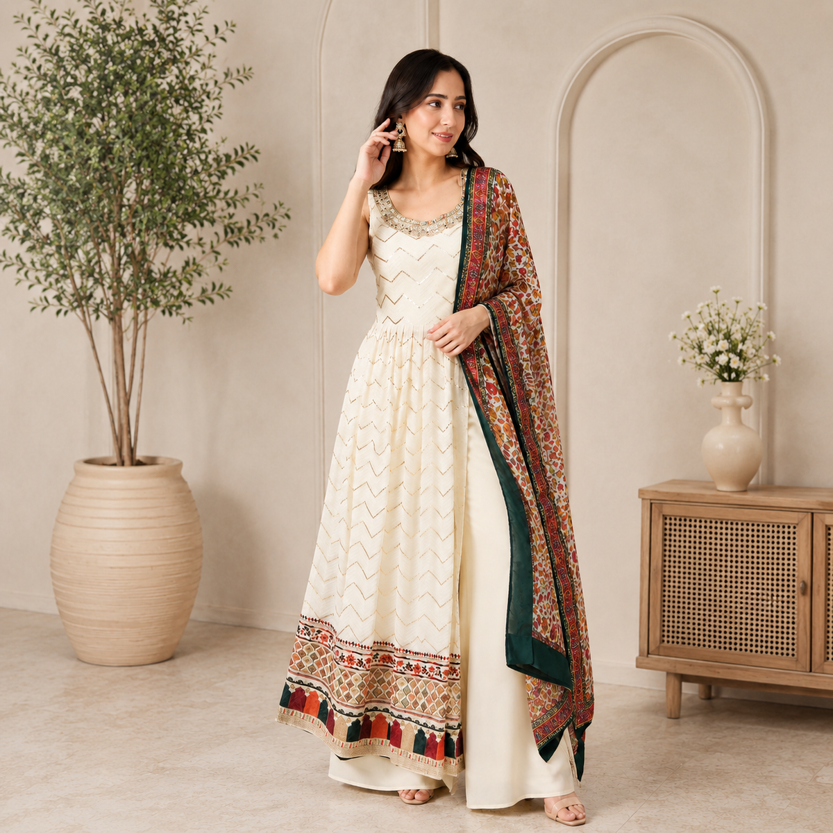 Elegant Side-Cut Palazzo Set – Off White | TRTBD02
