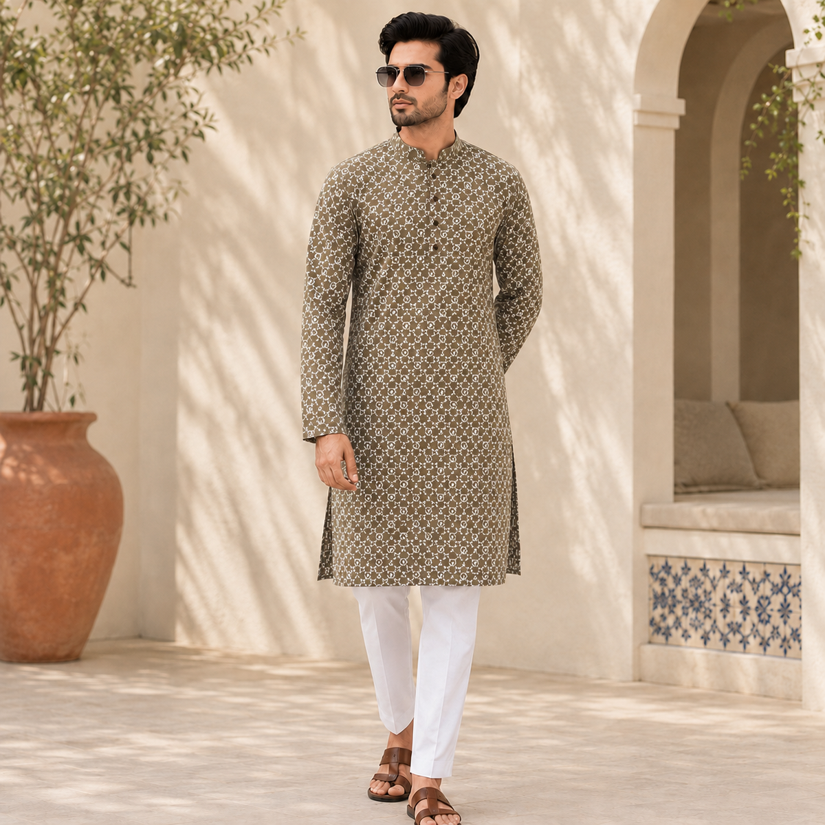 Brown Printed Mal Mal Kurta Set – DMJ135