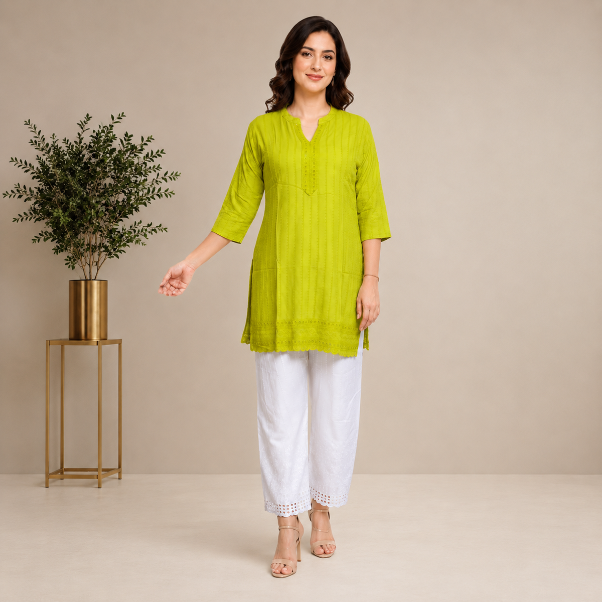 Minimalist Embroidery Rayon Kurti/Top with Sequins - LJE135 (Green)