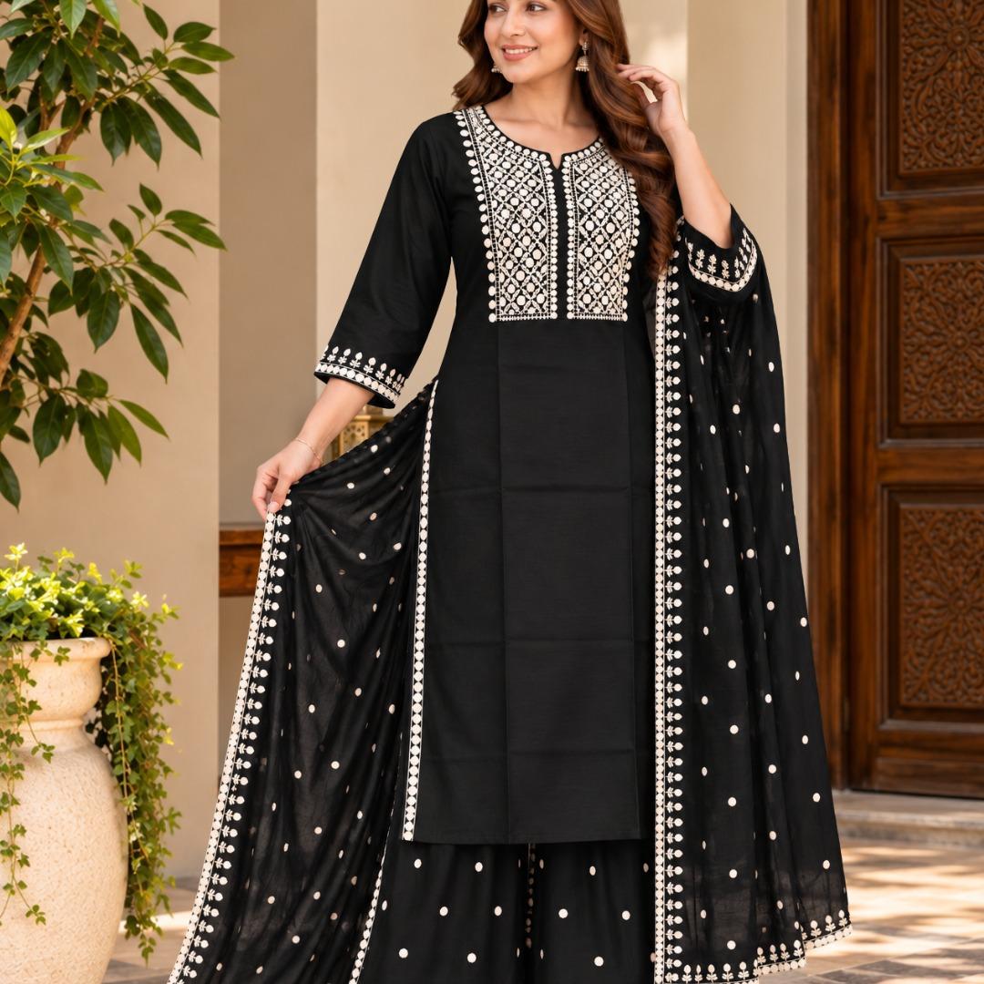 Elegant Brown Embroidered Straight-Suit with Flared Palazzo & Dupatta