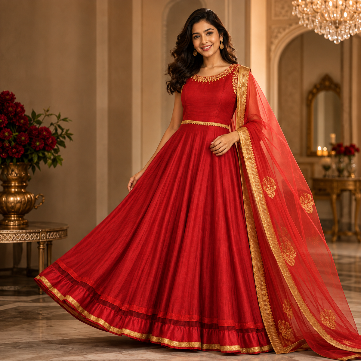 Ruby Red Flare Gown with Dupatta – LSK579
