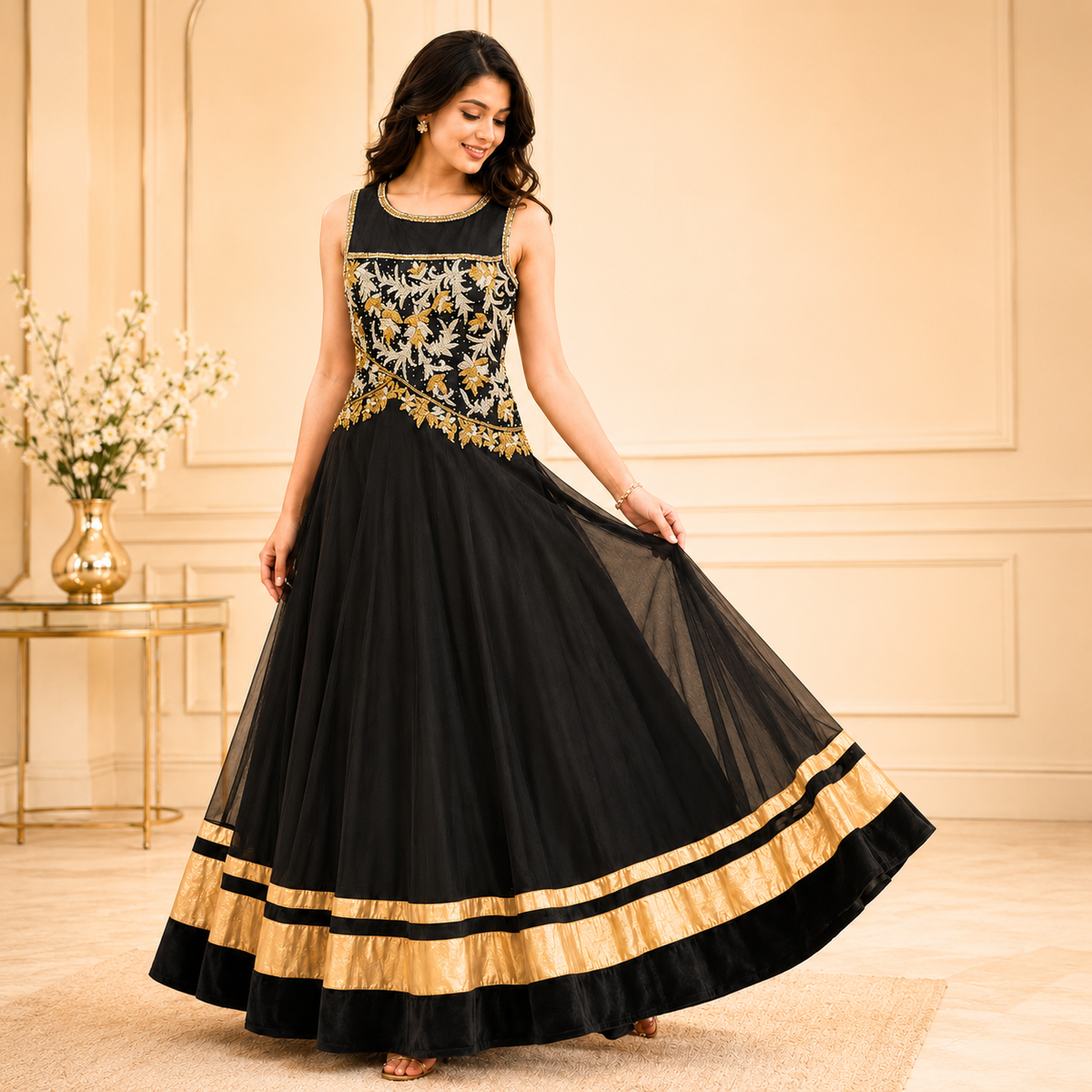 Elegant Black & Gold Embroidered Flare Gown – LSK599