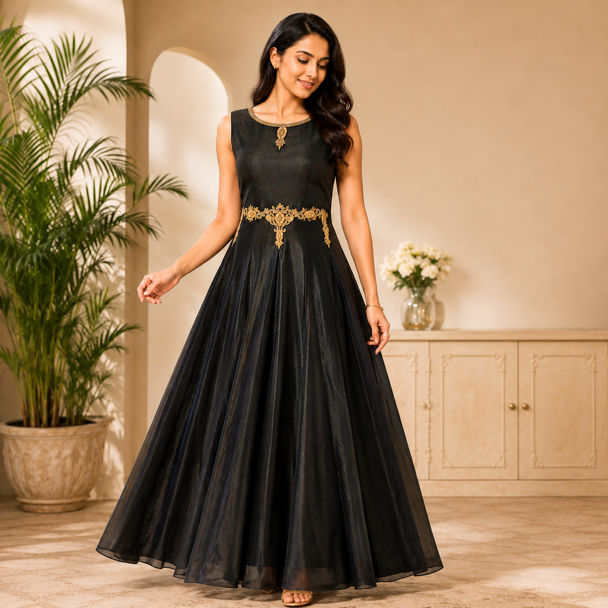 Black Flare Gown with Gold Waist Embroidery – LSK519