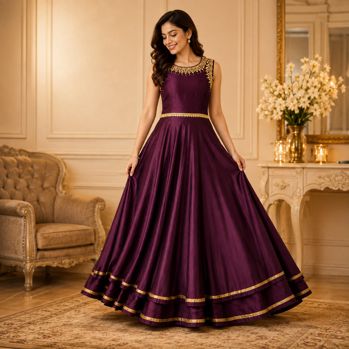 Royal Plum Gold-Trim Flare Gown – LSK599