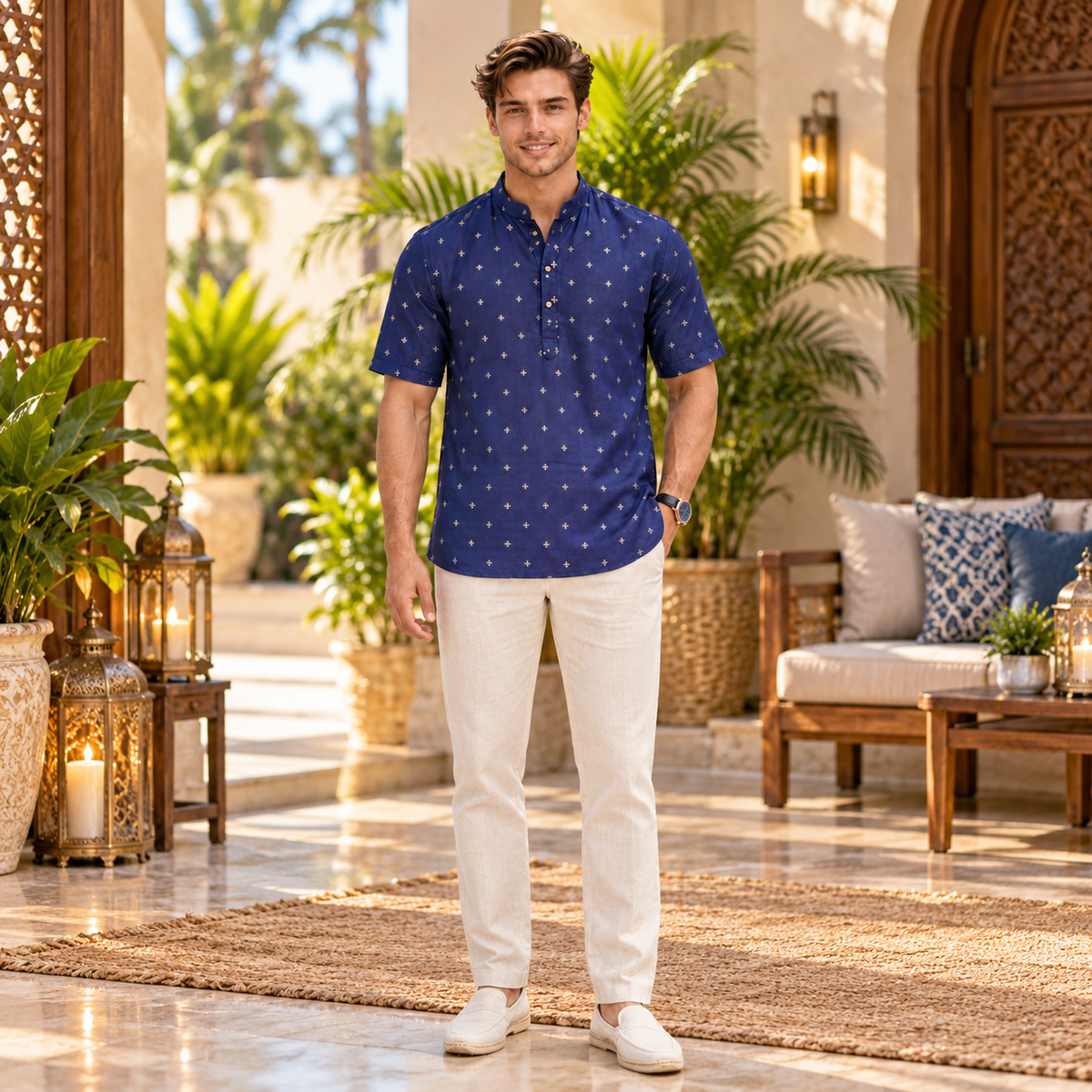 Men's Classic Navy Blue Printed Short Sleeve Kurta – Q2010