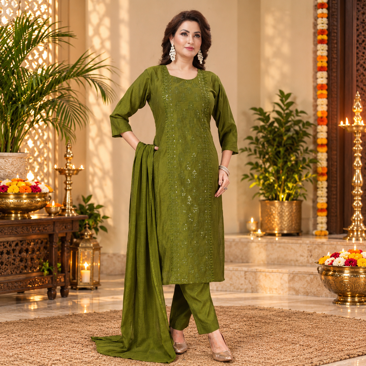 Ladies' Elegant Olive Green Embroidered Suit Set – Q2007