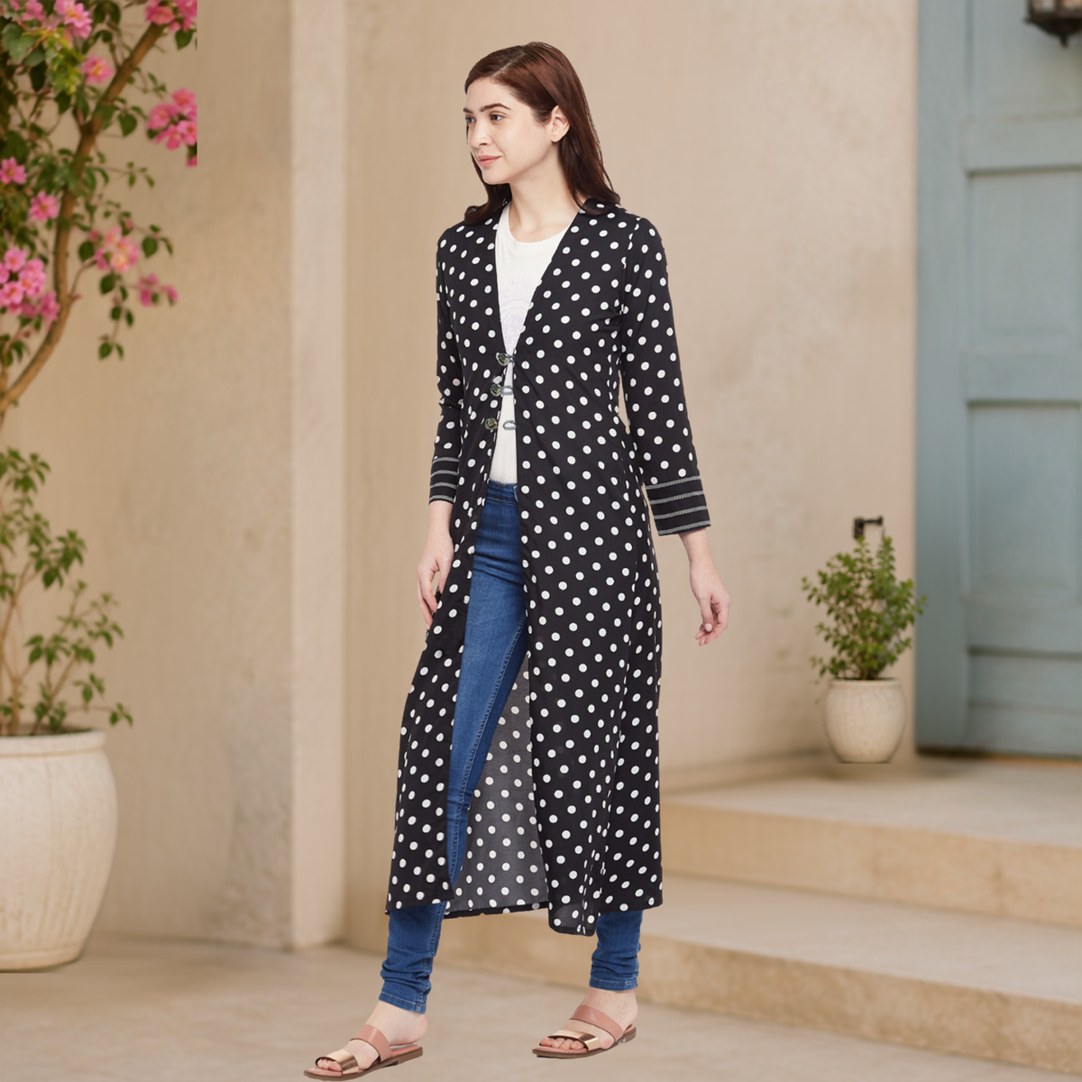 Sonali Premier Quality Black with white dots Ladies/Women-Long Overcoats Q1395A