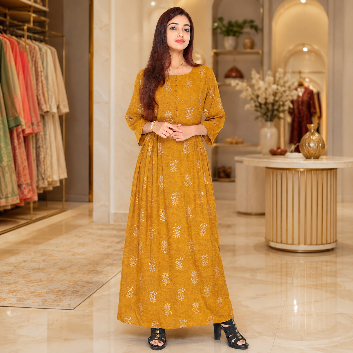 Mustard Floral Printed Maxi Dress – Q1419
