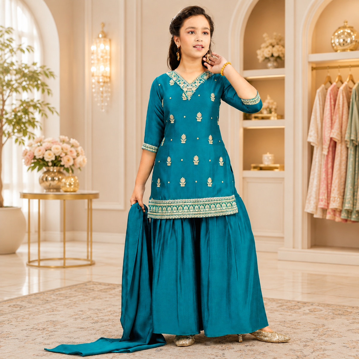Girls’ Embroidered Kurta, Sharara & Dupatta Set – Q1951