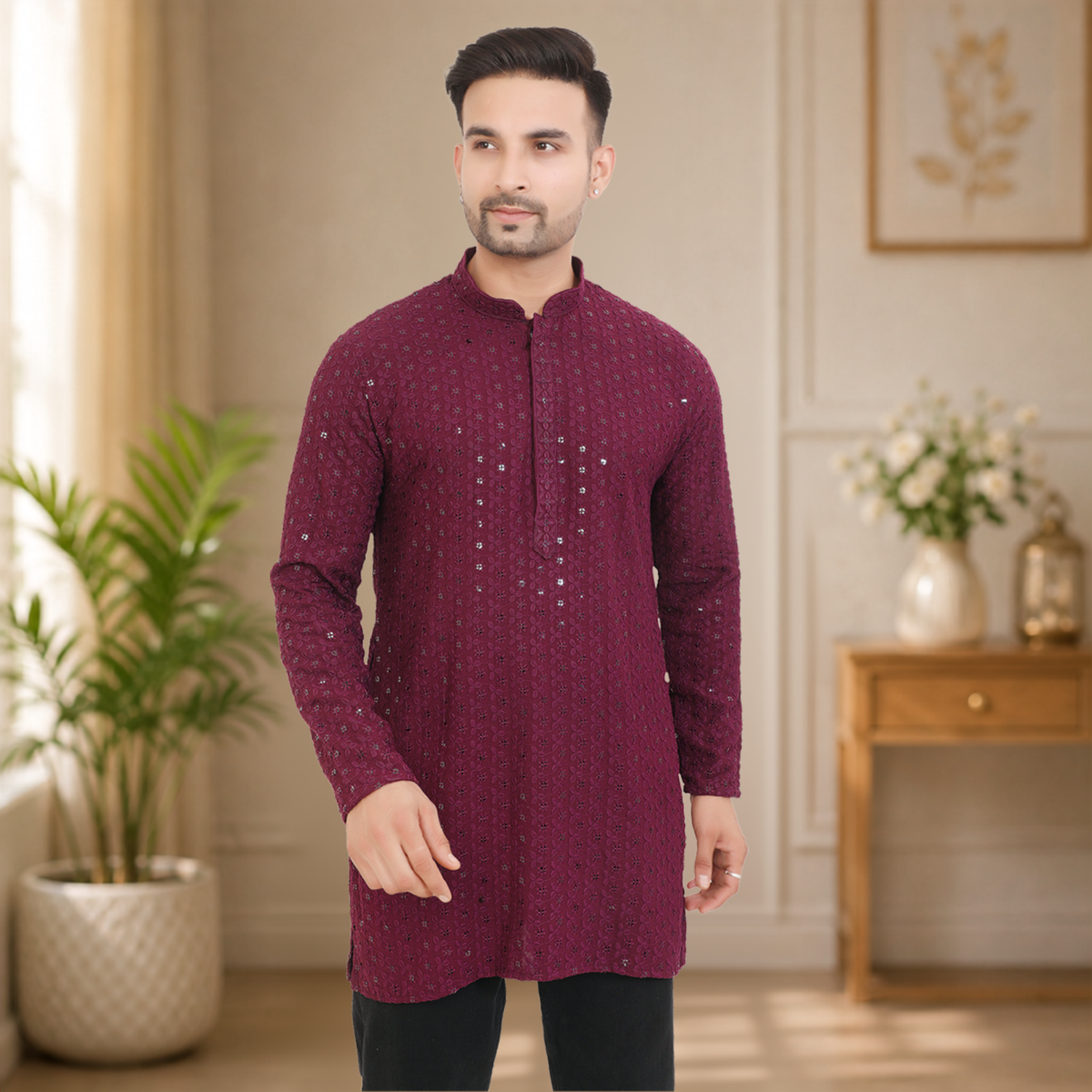 Sonali's Premier Quality Men's Top / kurta melayu / Traditional Men's Wear with Sequins Embroidery - Q1978