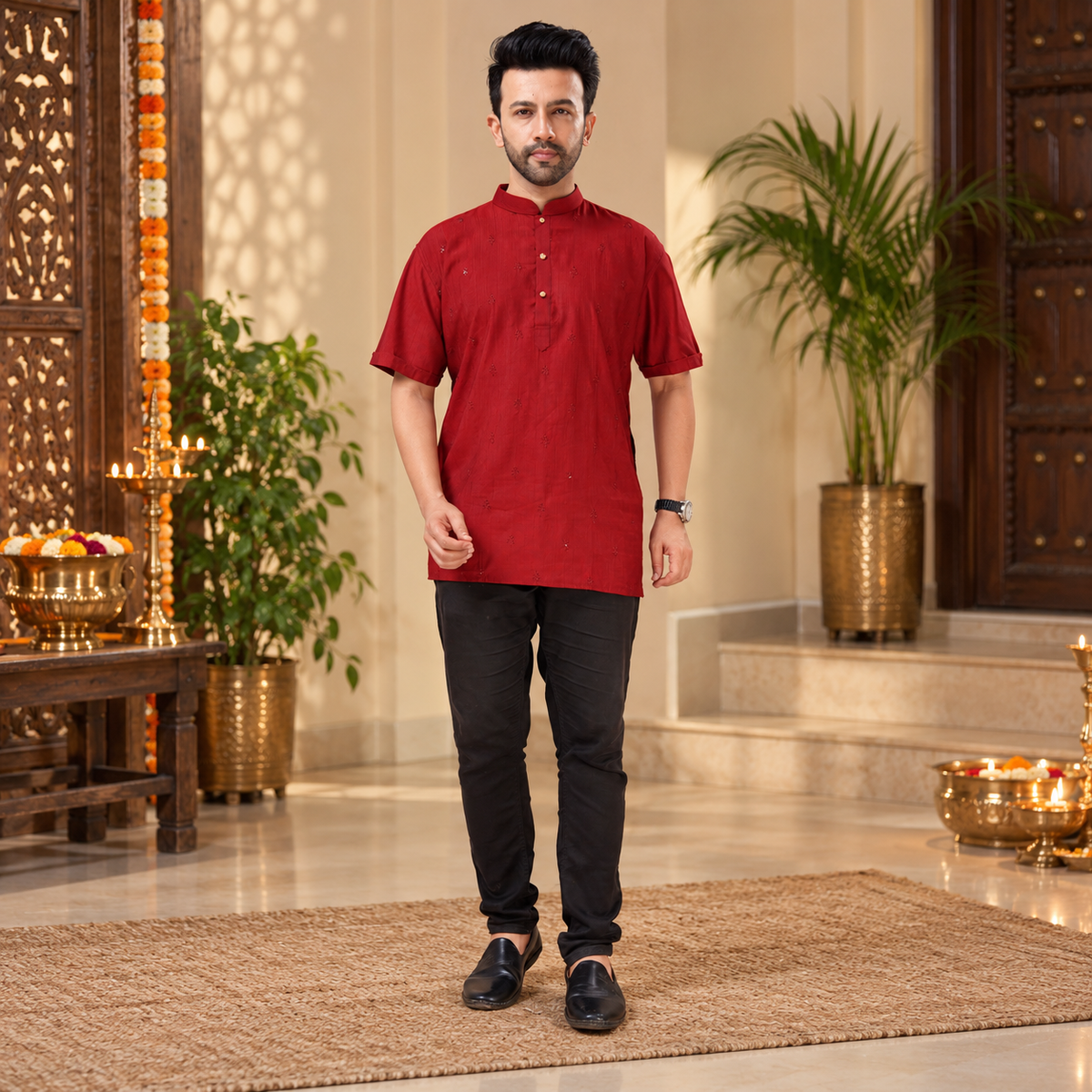 Men's Elegant Maroon Short Sleeve Jippa – Q1998