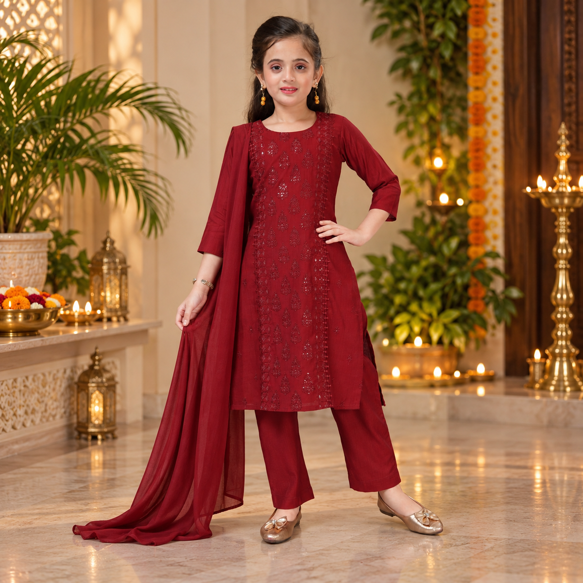 Girls' Elegant Maroon Embroidered Suit Set – Q1999
