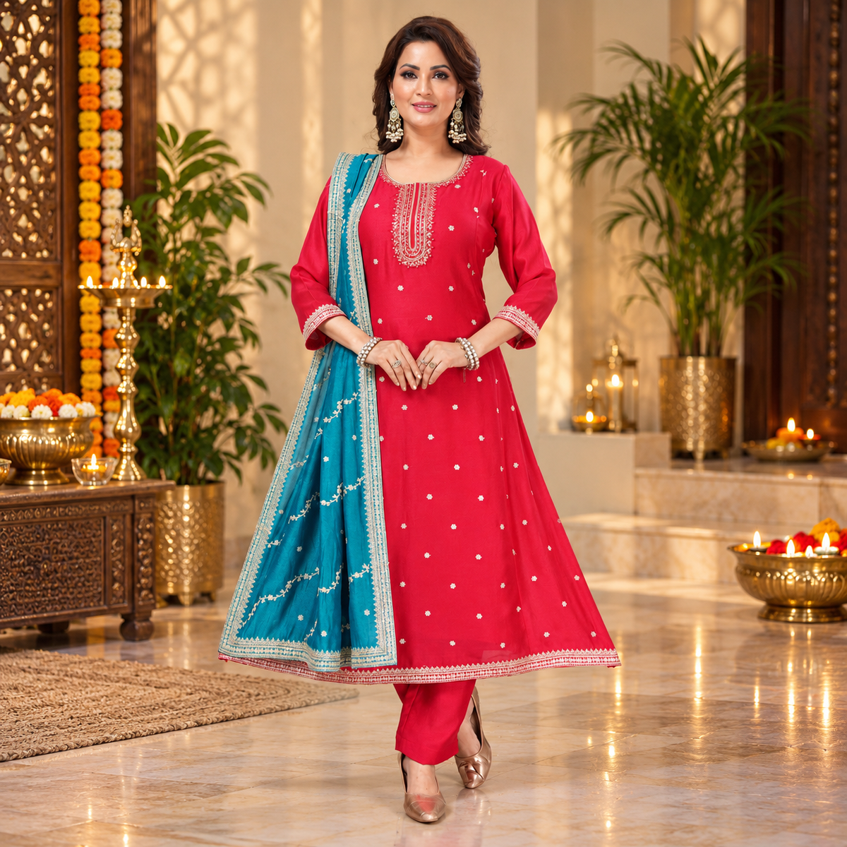 Ladies' Elegant Pink Anarkali Suit with Teal Dupatta – Q2002