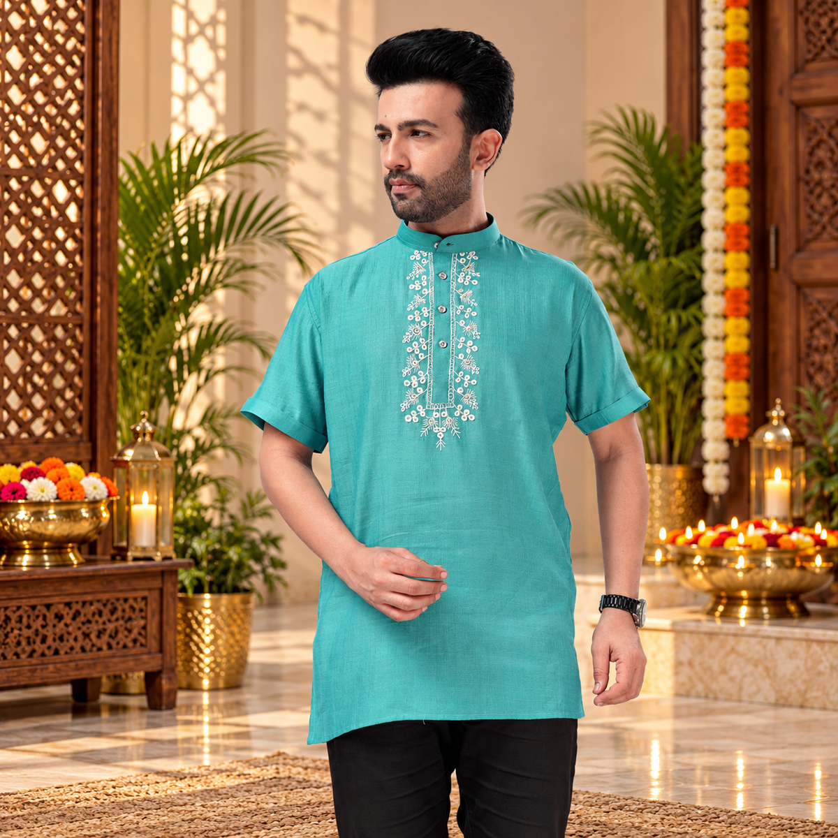 Men's Elegant Turquoise Blue Embroidered Short Sleeve Kurta – Q2019