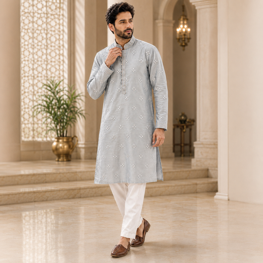 Mirror Embroidered Long Kurta Set – DMJ141 Ice Grey