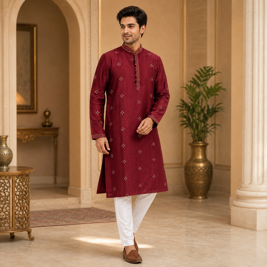 Mirror Embroidered Long Kurta Set – DMJ141 Maroon