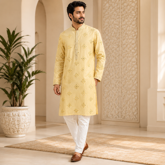 Mirror Embroidered Long Kurta Set – DMJ141 Soft Yellow