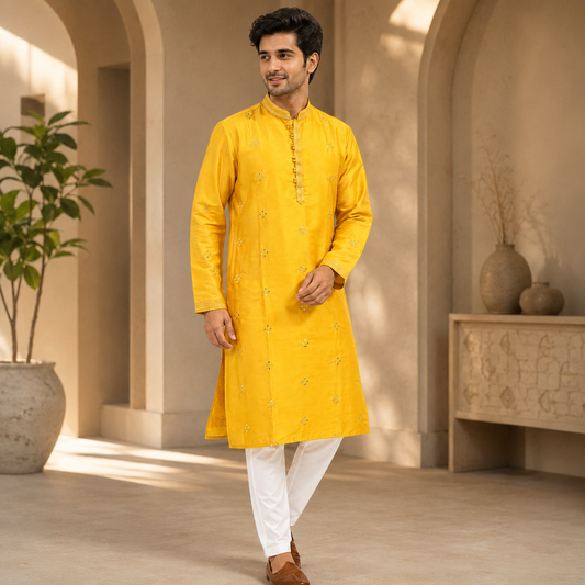 Mirror Embroidered Long Kurta Set – DMJ141 Yellow