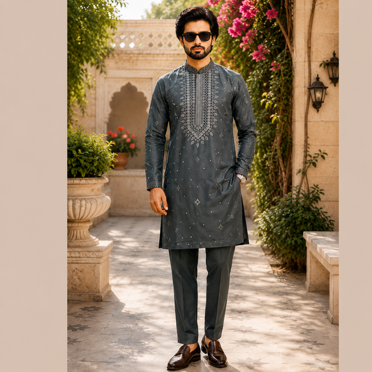 Smoke Green Hotfix Mirror Design Kurta Set – DMJ152 Smoke Green