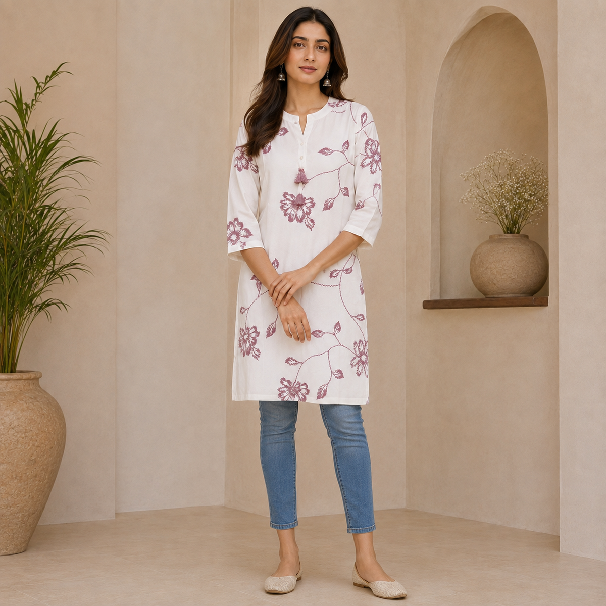 Floral Embroidered Long Kurti – LJE137 PURPLE