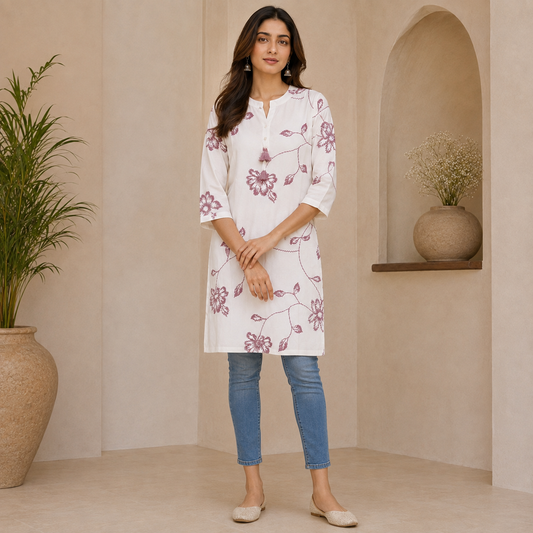 Floral Embroidered Long Kurti – LJE137 PURPLE