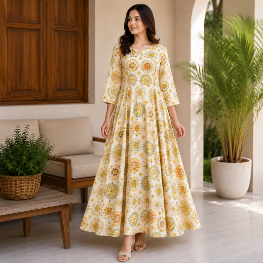 Golden Bloom Printed Flare Maxi Dress – LJE1319