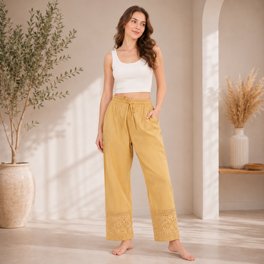 HIGH WAISTED PANTS STRETCHABLE WITH EMBROIDERY- PAN003