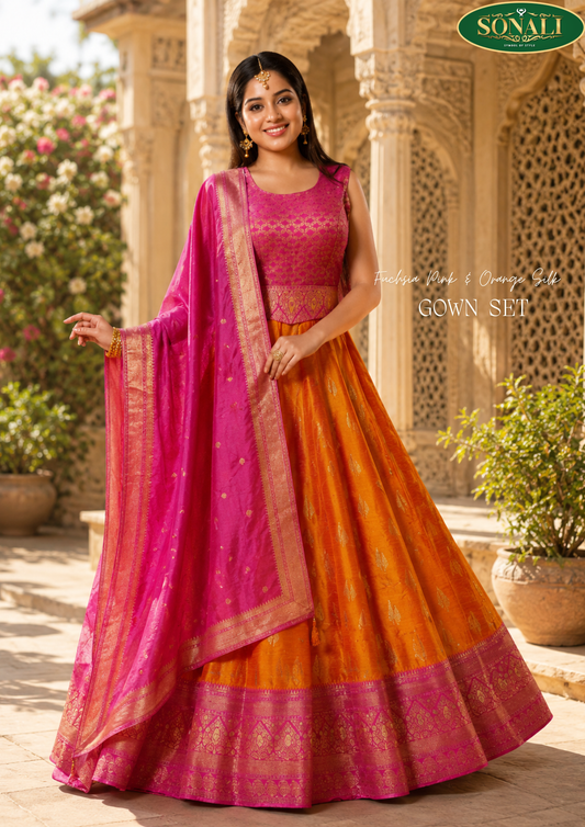 Fuchsia Pink & Orange Silk Gown Set