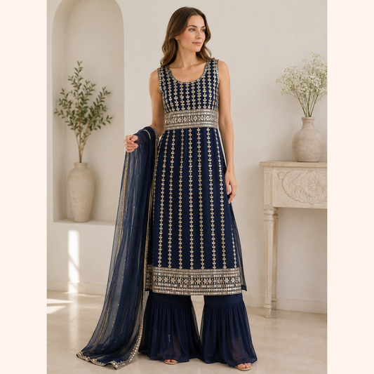 Timeless Grace Embroidered Palazzo Set – Navy Blue | TRTBD02