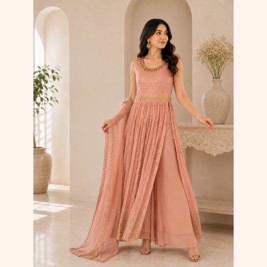 Effortless Elegance Side-Cut Anarkali Set – Peach | LSK499