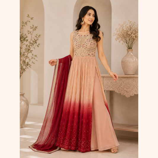 Modern Grace Side-Cut Anarkali Set – Peach & Maroon Ombre | LSK559