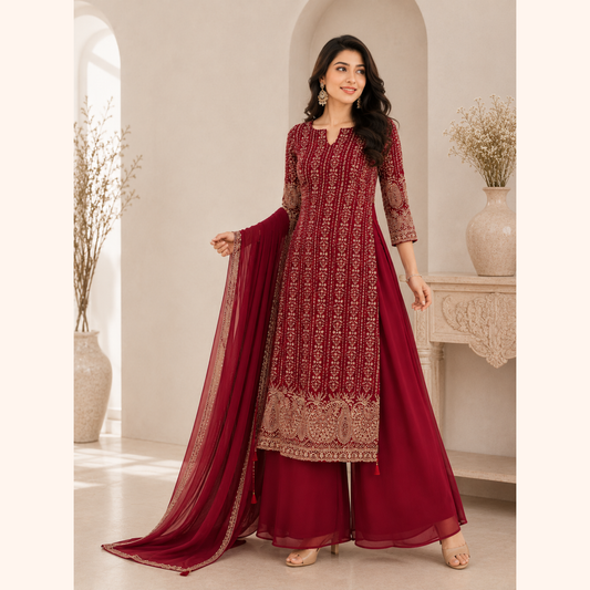 Modern Grace Side-Cut Anarkali Set – Maroon | LSK699