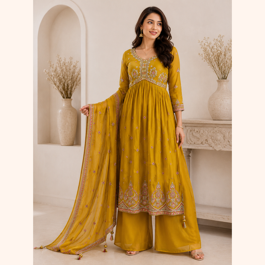 Elegance in Every Flow Side-Cut Anarkali Set – Mustard | LSK599