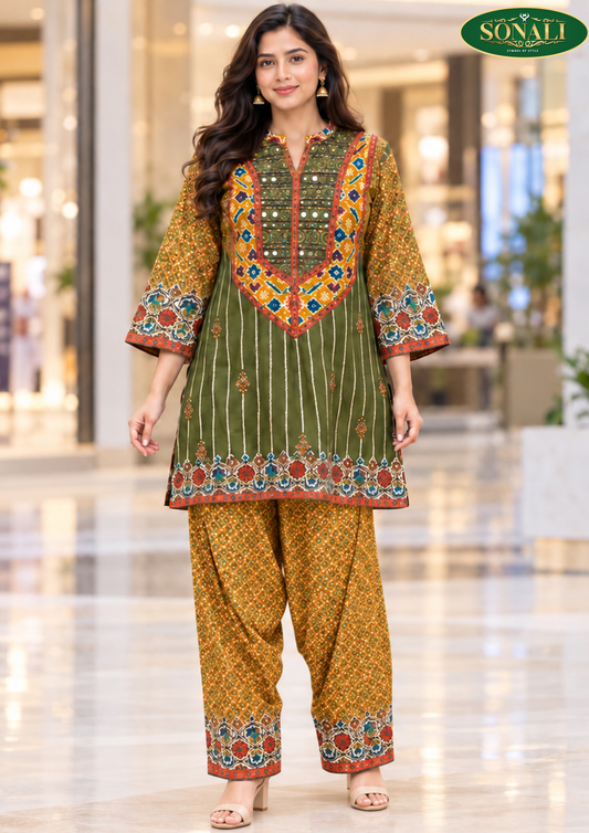 Sonali New Arrival Women’s Printed Co-ord Set | Olive Green Kurti Top & Mustard Salwar Pants | 2-Piece Set-TP016