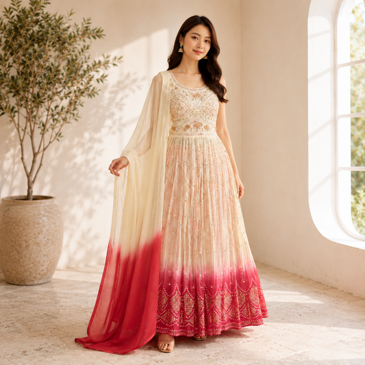 Princess Flare Side-Cut Dress Set – Cream & Rose | LSK559