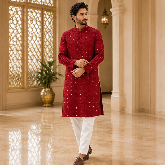 Mirror Embroidered Long Kurta Set – DMJ1311 Maroon Red