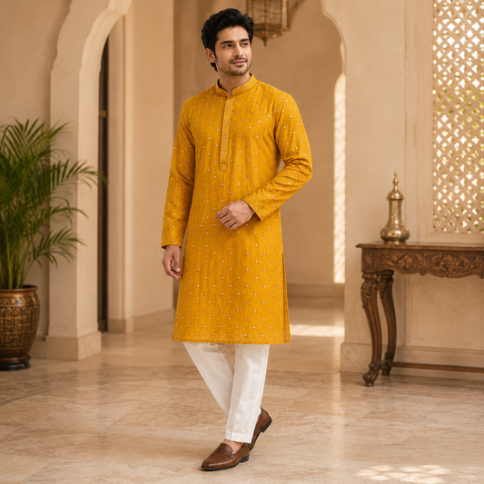 Mirror Embroidered Long Kurta Set – DMJ1311 Mustard