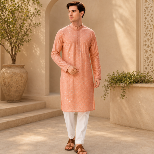 Mirror Embroidered Long Kurta Set – DMJ1311 Peach