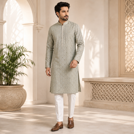 Mirror Embroidered Long Kurta Set – DMJ1311 Sage Green