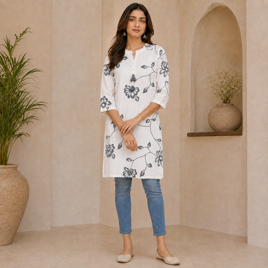 Grey Floral Embroidered Long Kurti – LJE137 GREY