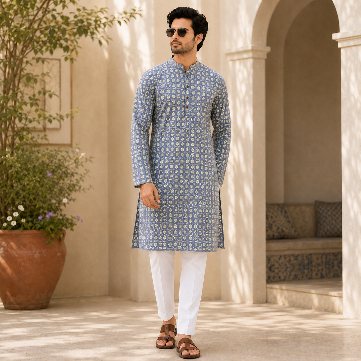 Blue Printed Mal Mal Kurta Set – DMJ135