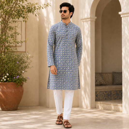 Blue Printed Mal Mal Kurta Set – DMJ135