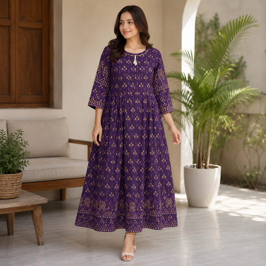 Purple Bloom Printed Flare Maxi Dress – GW005 Purple