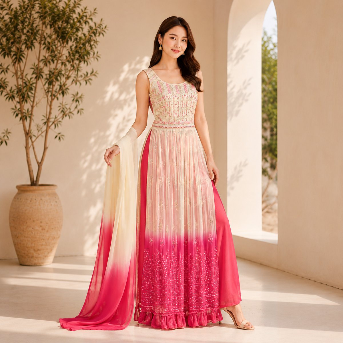 Princess Flare Side-Cut Suit Set – Cream & Pink | LSK599