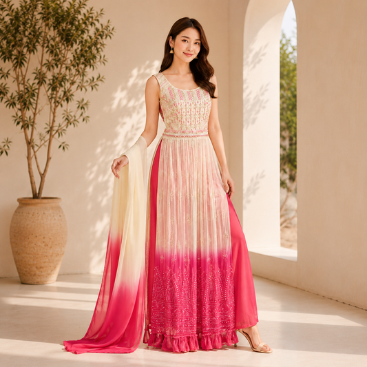 Princess Flare Side-Cut Suit Set – Cream & Pink | LSK599
