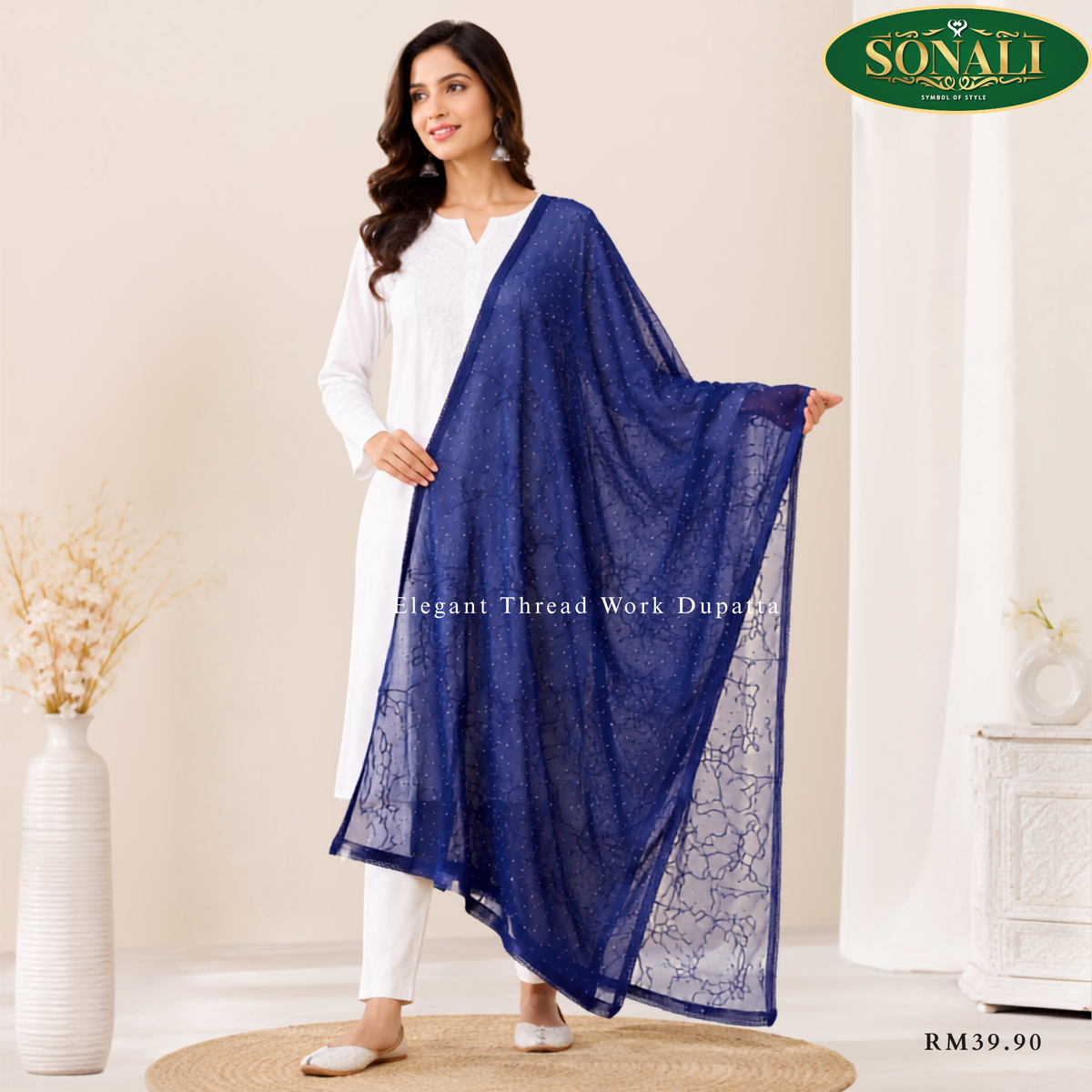 Thread Work Net Dupatta with Shimmer Detailing
